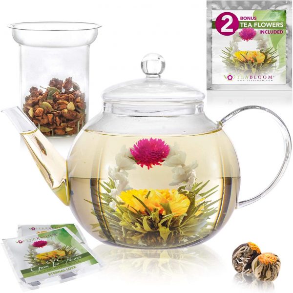 Teabloom Stovetop & Microwave Safe Glass Teapot (40 OZ / 1.2 L) with Removable Loose Tea Glass Infuser